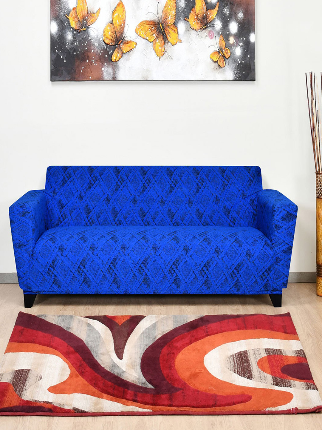 Buy Athome By Nilkamal Blue Self Design 3 Seater Jacquard Knitted Sofa