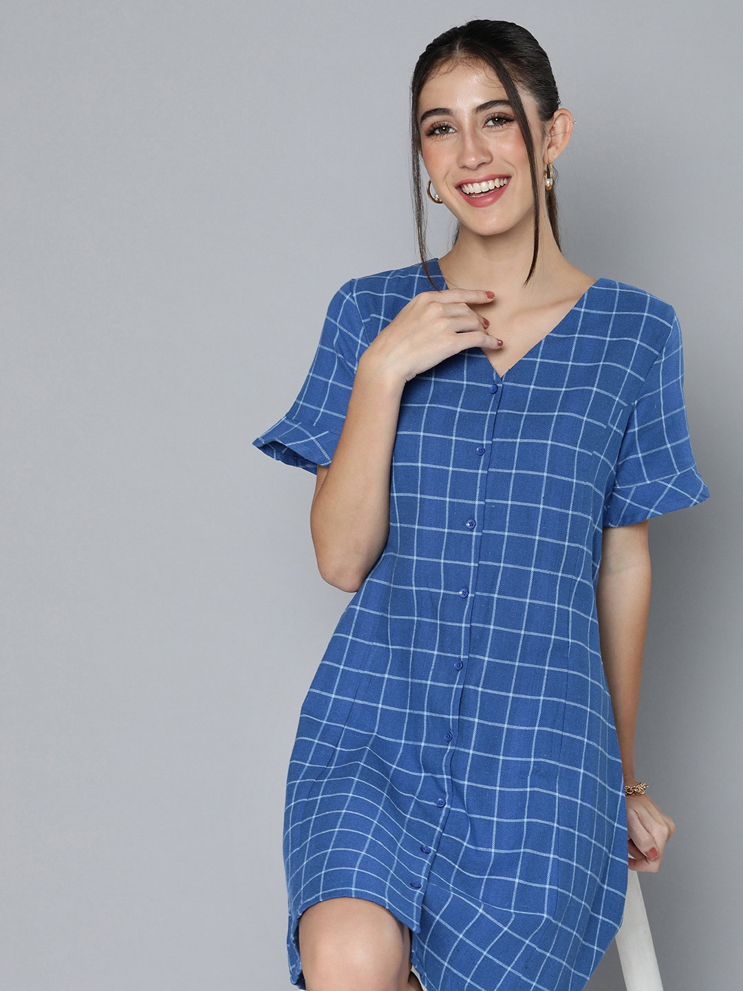 Buy HERE&NOW Checked V Neck Above Knee Length A Line Dress Dresses