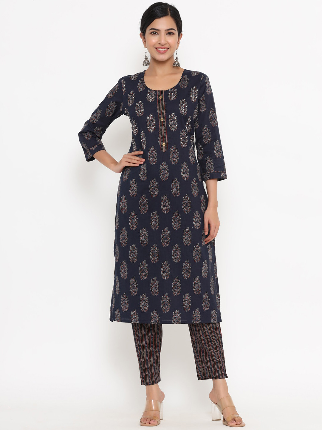 Adults-Women Navy Blue & White Cotton Straight Ethnic Motifs Printed Kurta