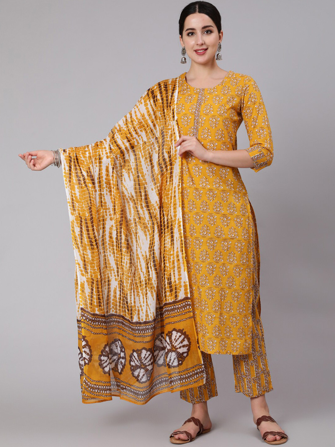 Women Mustard Yellow Pleated Kurta with Trousers