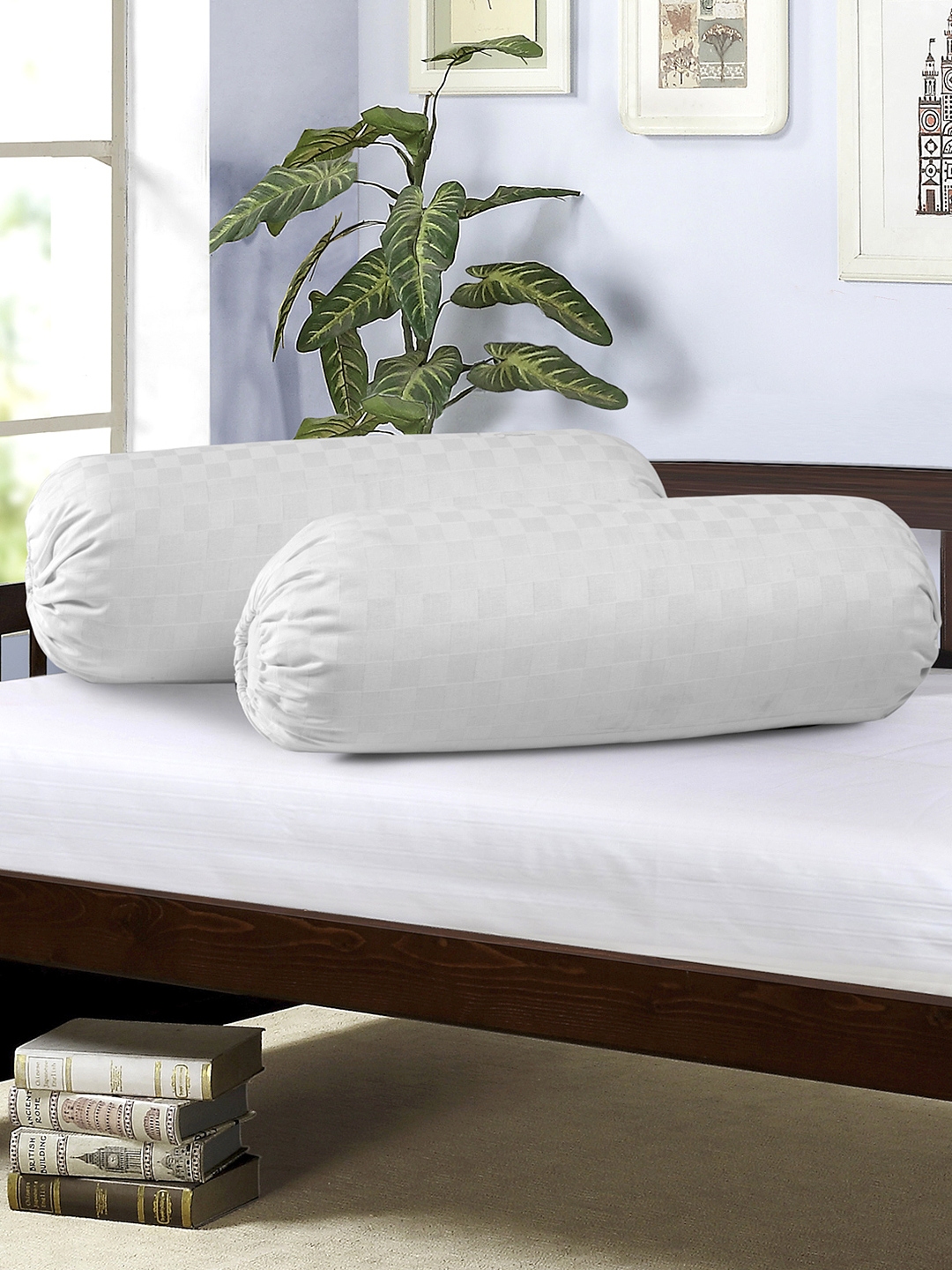 Buy SWAYAM White Set Of 2 Patterned 30" X 15" Cylindrical Bolster Covers Bolster Covers for