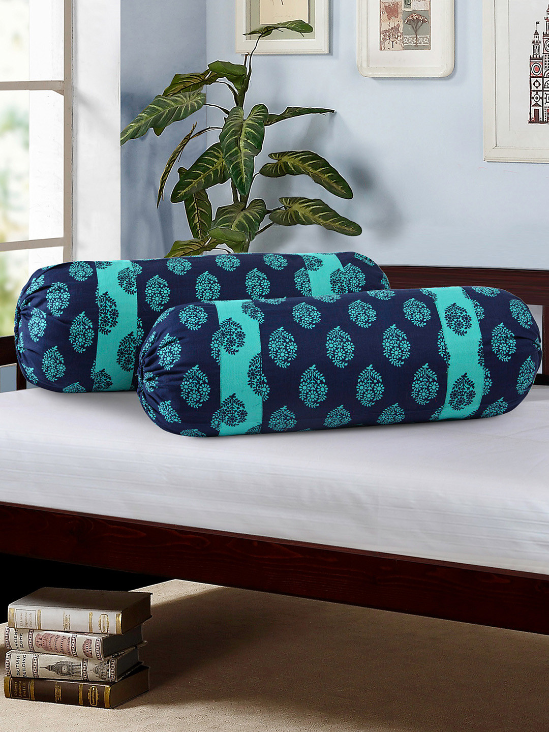 Buy SWAYAM Blue Set Of 2 Floral Print 30" X 15" Cylindrical Bolster