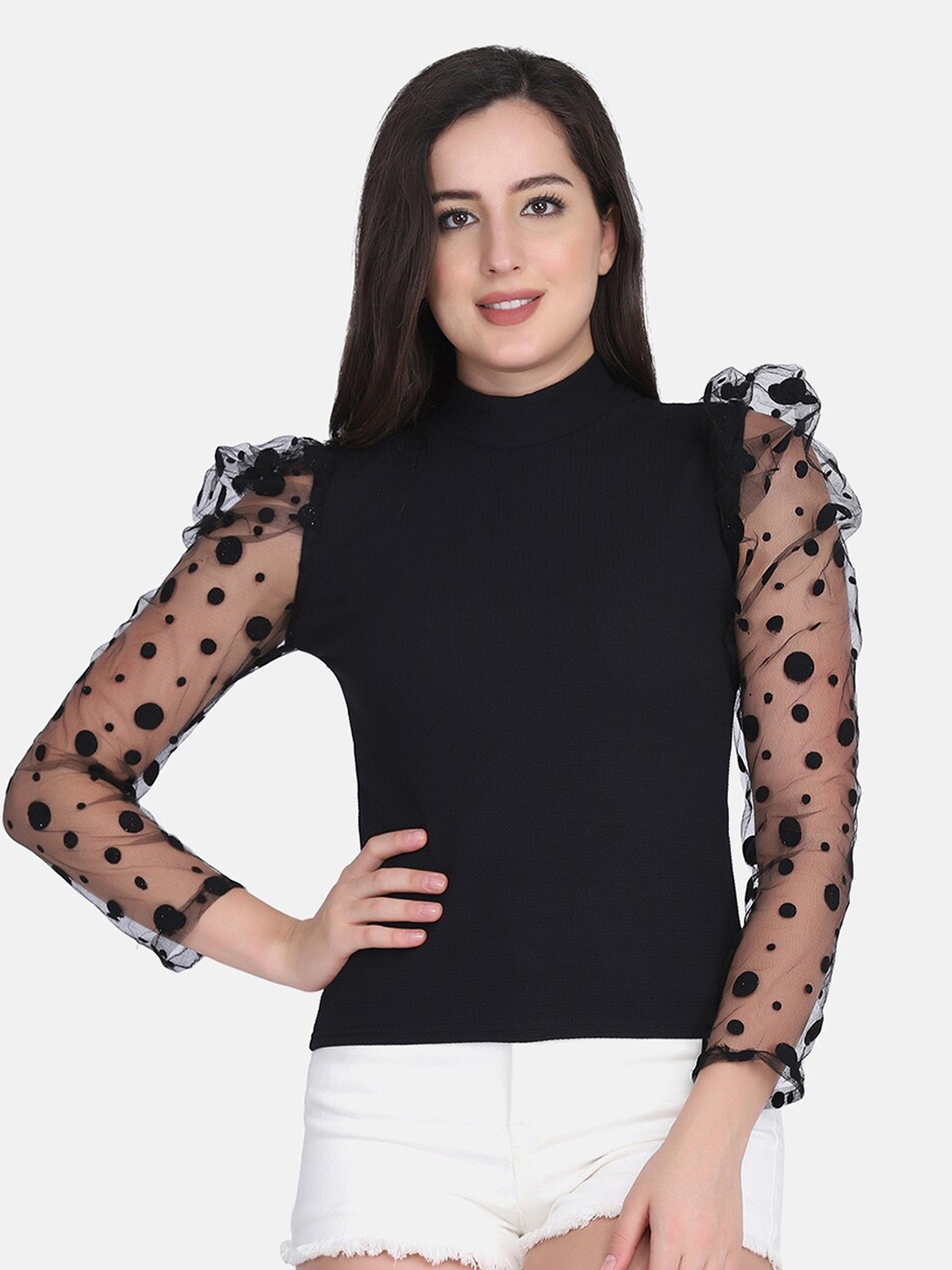 Buy BUY NEW TREND Black Net Puff Sleeves Knitted Top - Tops for Women ...