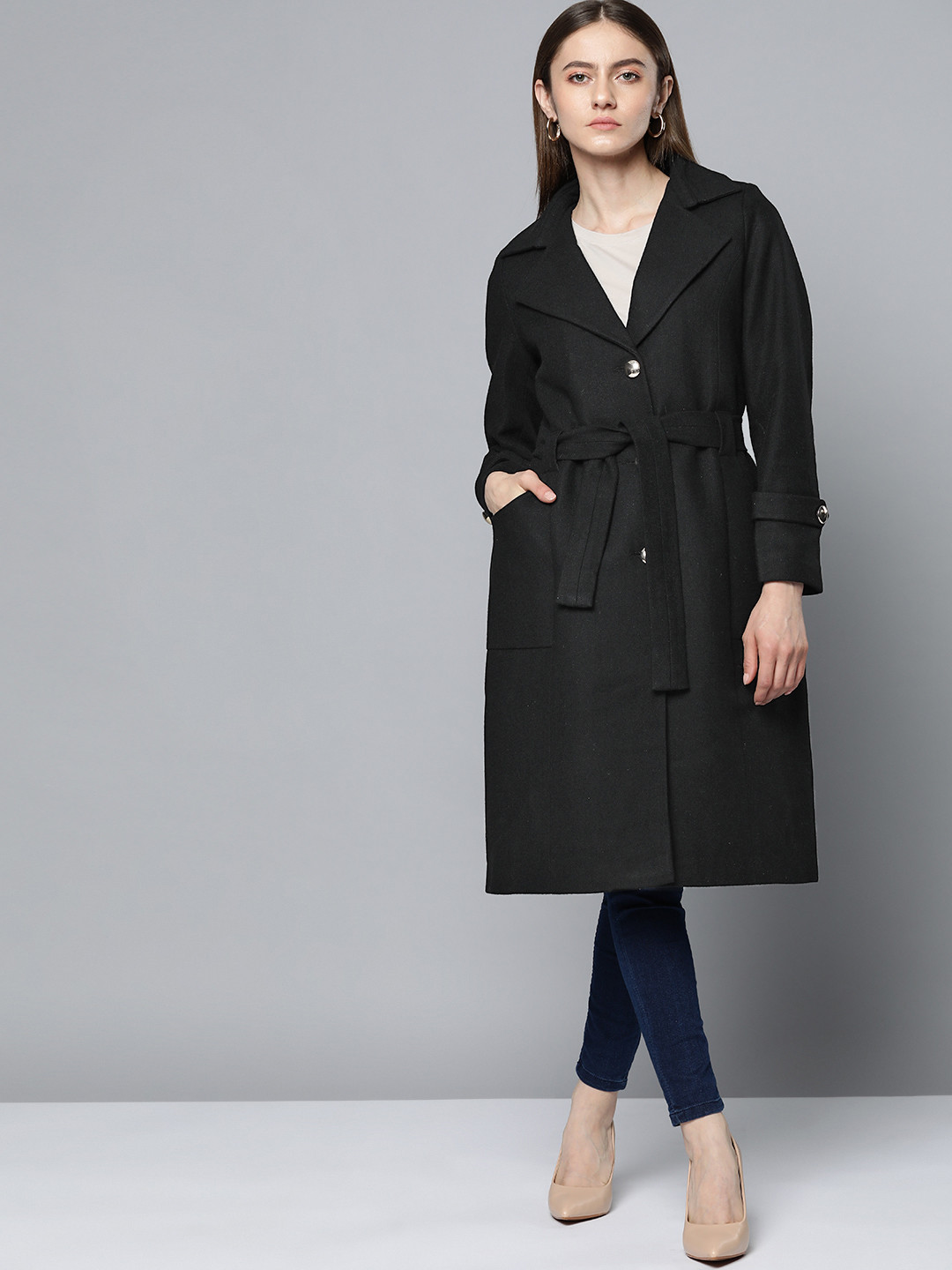 Buy Chemistry Women Black Solid Longline Overcoat Coats for Women
