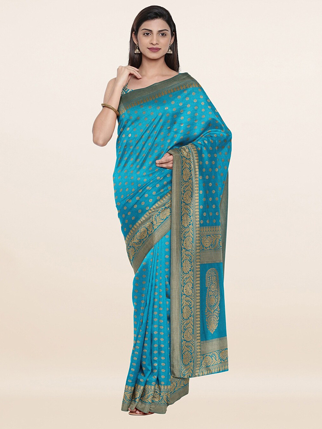 Buy Pothys Blue & Golden Ethnic Motifs Art Silk Saree Sarees for