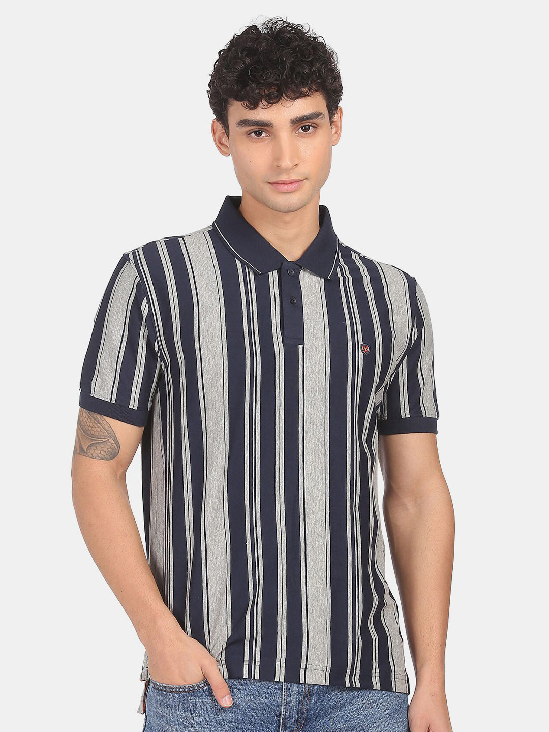 Buy AD By Arvind Men Navy Blue & Grey Striped Polo Collar Slim Fit T