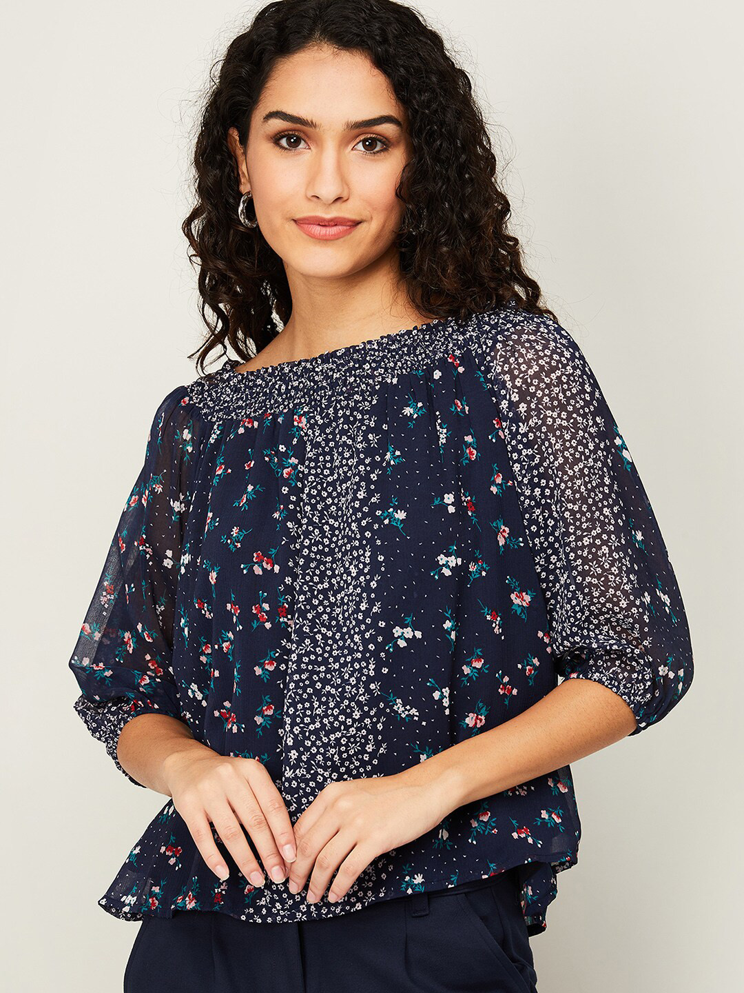Buy CODE By Lifestyle Navy Blue Floral Print Top Tops for Women