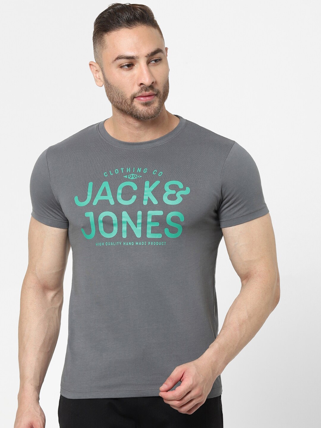 Buy Jack & Jones Men Grey Typography Printed Cotton Lounge T Shirt ...