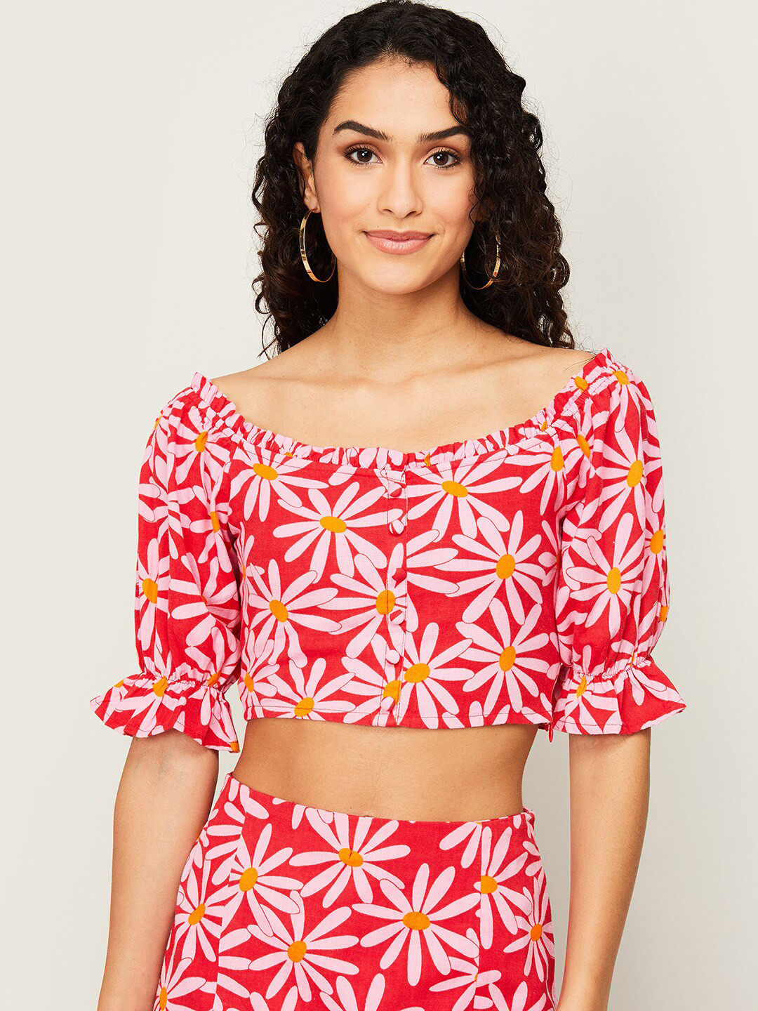 Buy Ginger By Lifestyle Red Floral Print Pure Cotton Crop Top Tops