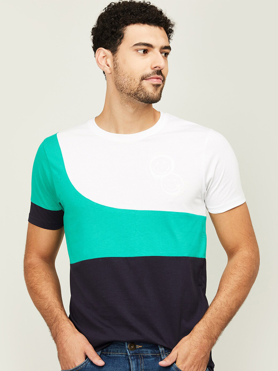Buy SmileyWorld Men Navy Blue & Green Colourblocked Slim Fit Cotton T