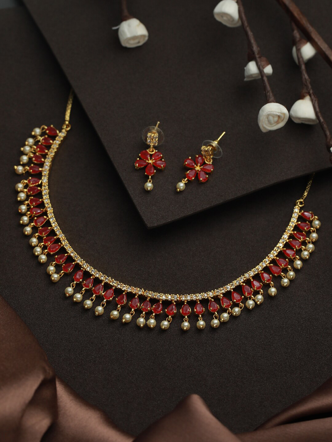 Buy Priyaasi Women Gold Plated Red Floral Leaf Stone Studded & White