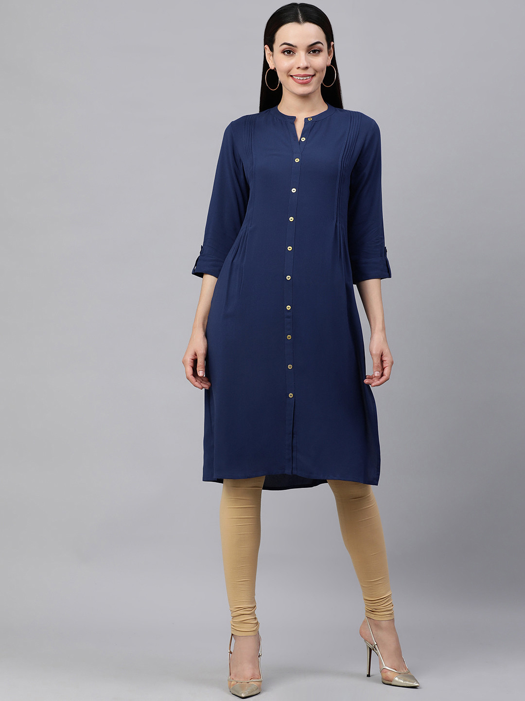 Buy KALINI Women Navy Blue Solid Roll Up Sleeves Kurta Kurtas for