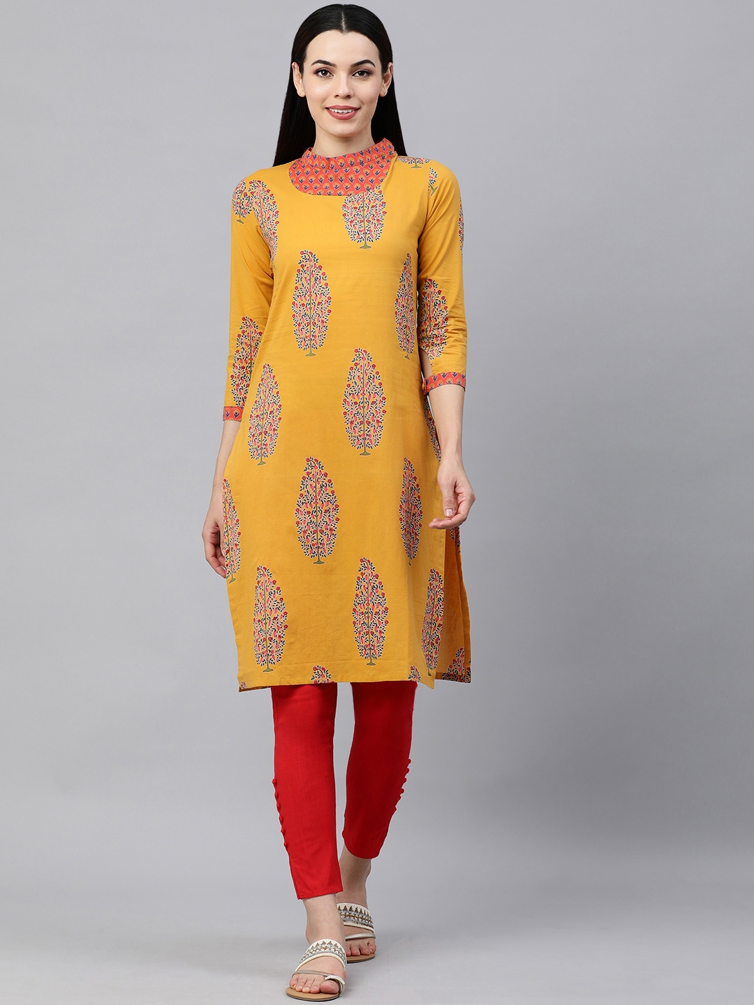 Buy KALINI Women Mustard Yellow & Red Ethnic Motifs Pure Cotton Printed ...