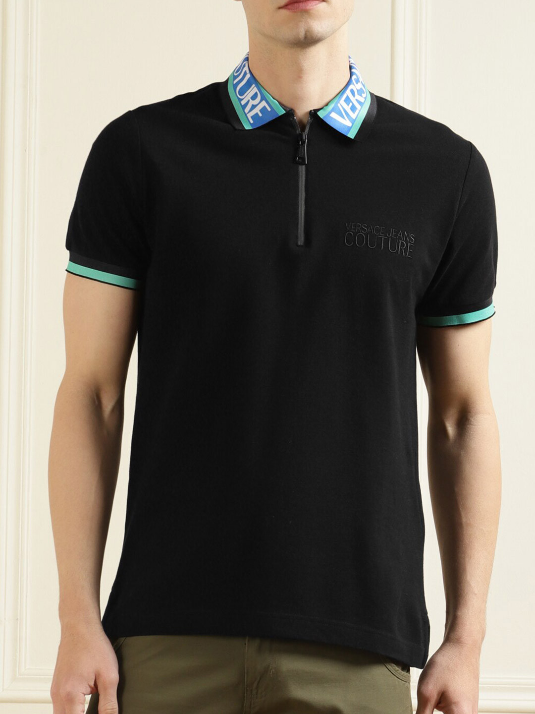 Buy Versace Jeans Couture Men Black Typography Polo Collar Pure Cotton