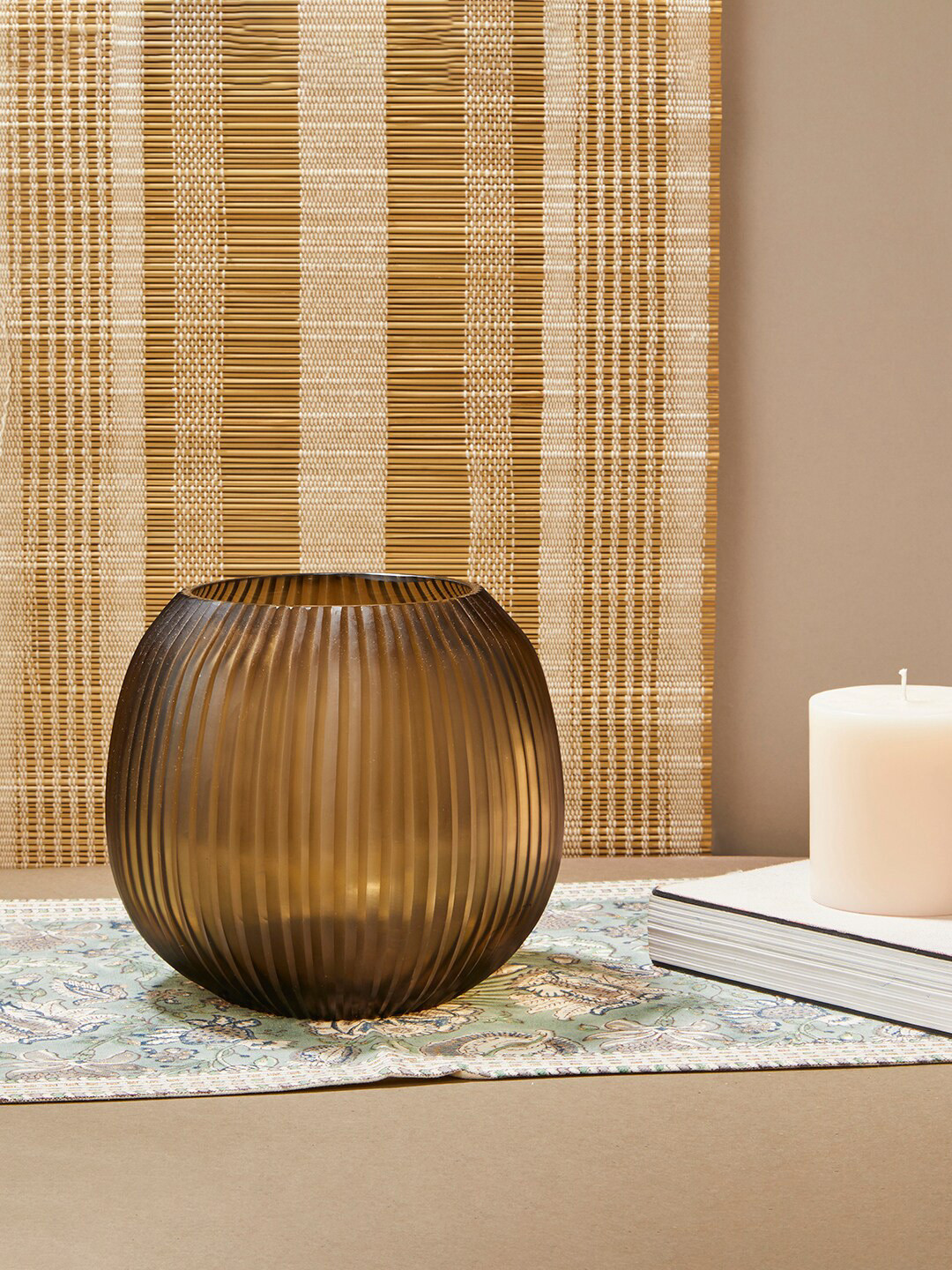 Buy Fabindia Brown & Grey Nabhraj Maaya Ribbed Hurricane Candle Holder