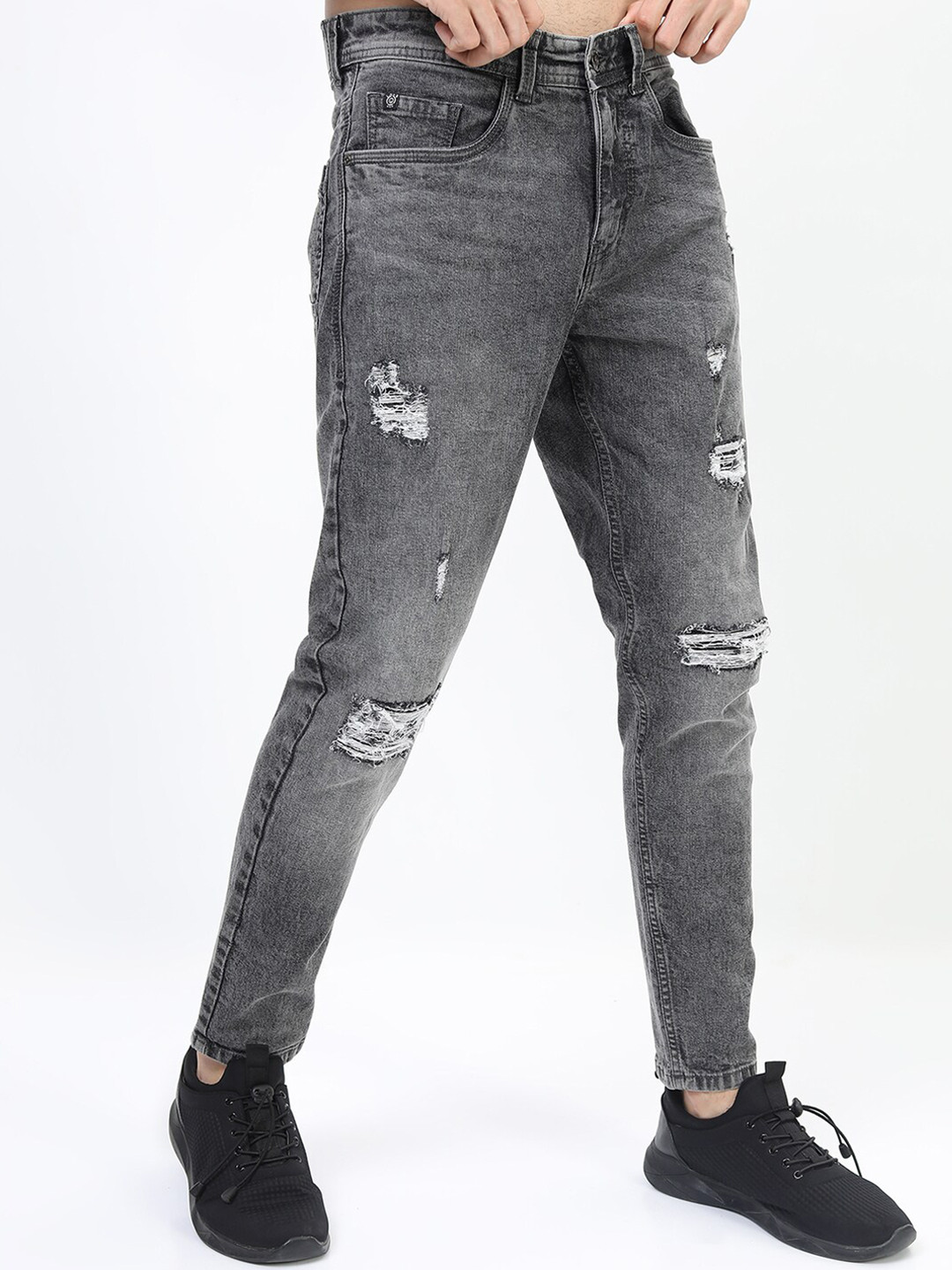Buy Men Grey Tapered Fit Mildly Distressed Stretchable Jeans