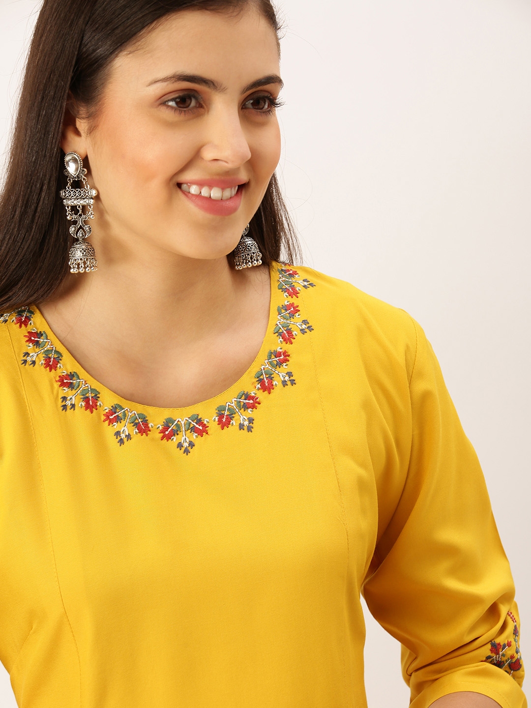 Buy SHOWOFF Women Mustard Yellow Floral Embroidered Thread Work ...