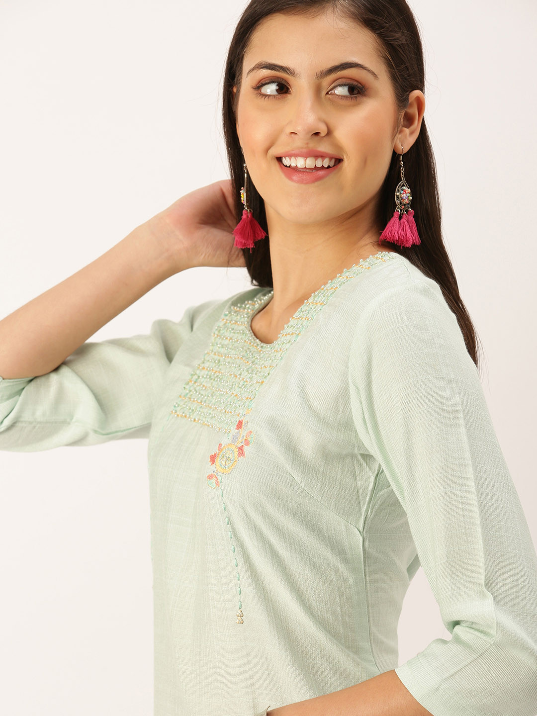 Buy SHOWOFF Women Sea Green Embroidered Pastels Kurta Kurtas for Women 18412088 Myntra