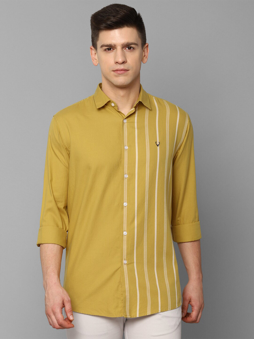 Buy Allen Solly Men Yellow Slim Fit Striped Pure Cotton Casual Shirt