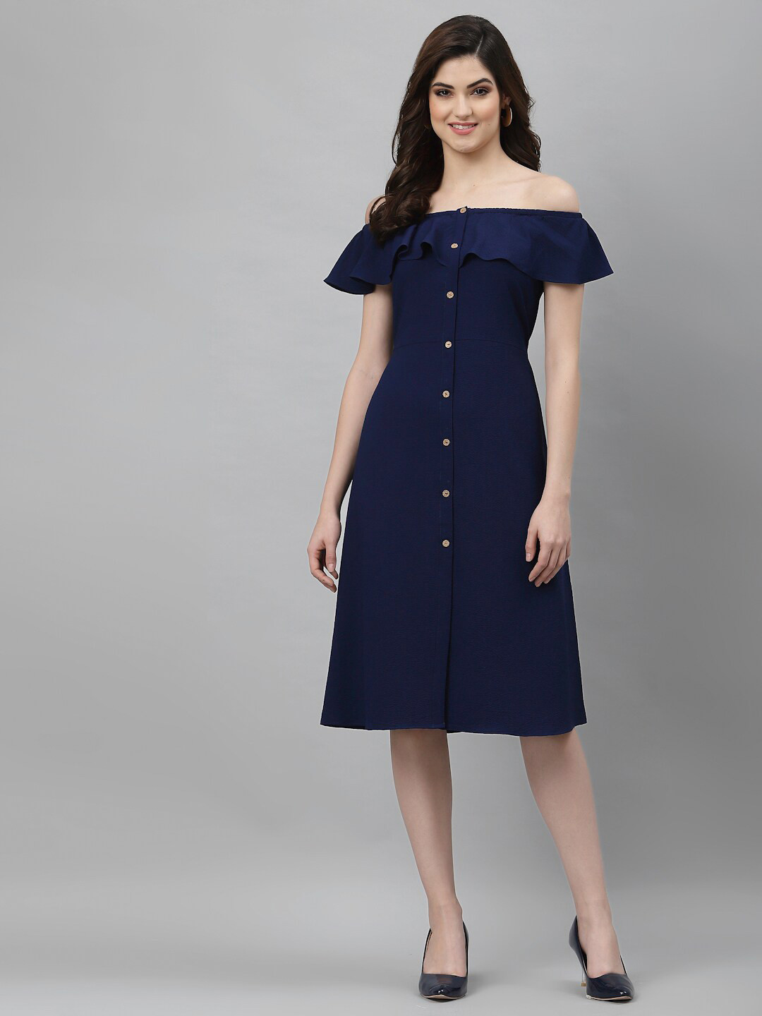 Buy Selvia Women Blue Off Shoulder Crepe A Line Dress Dresses for