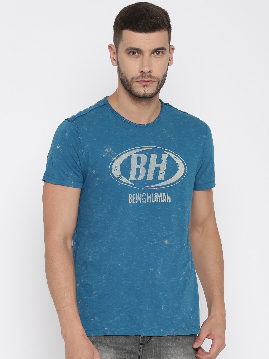 Buy Being Human Men Blue Printed Round Neck Pure Cotton T Shirt ...