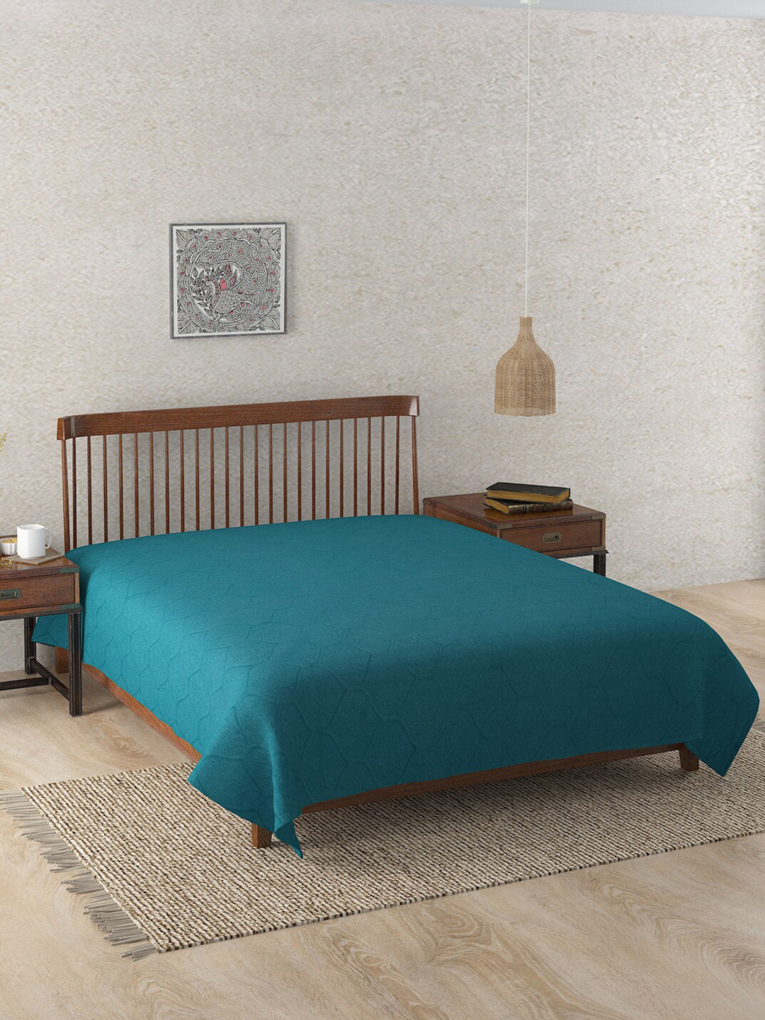 Buy Fabindia Teal Blue Woven Design 120 TC Cotton King Bed Cover Bed