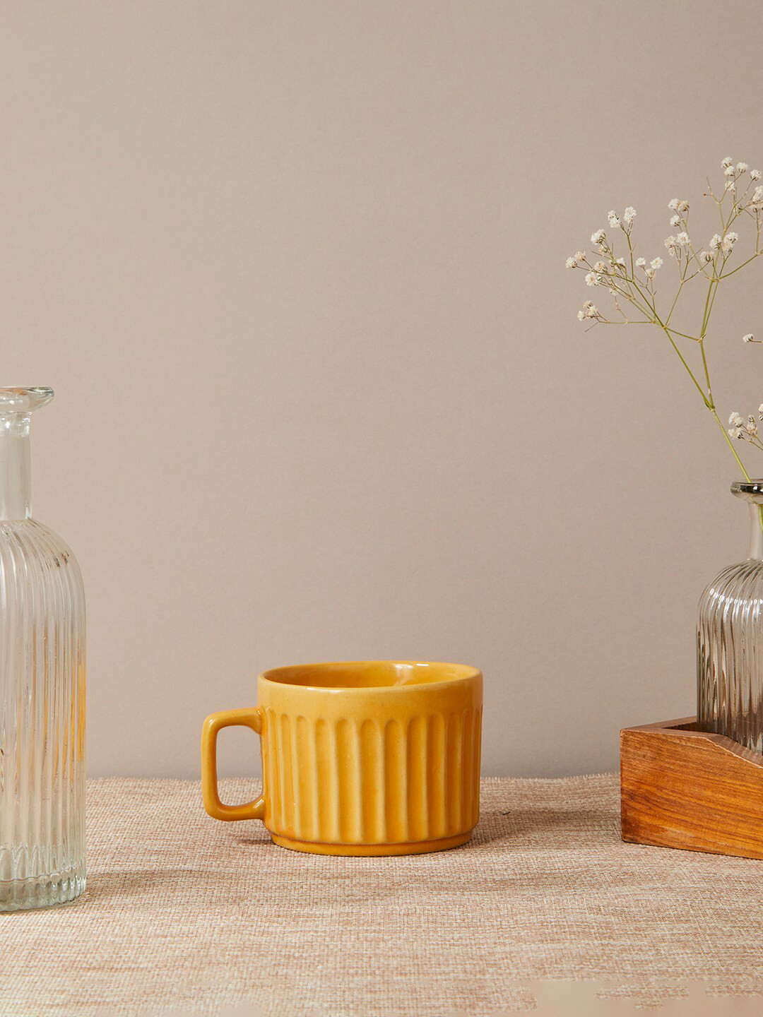 Buy Fabindia Yellow Textured Stoneware Glossy Maaya Idika Striped Matte