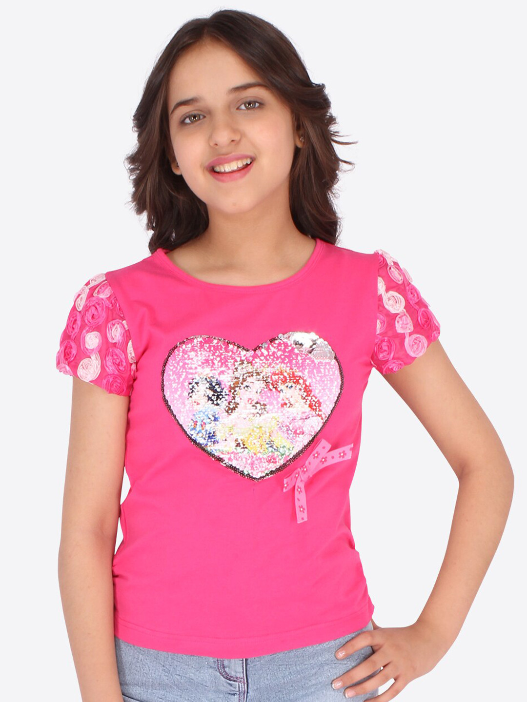Girls Fuchsia 3D Flower Applique Top With Bow Applique Skirt Sets