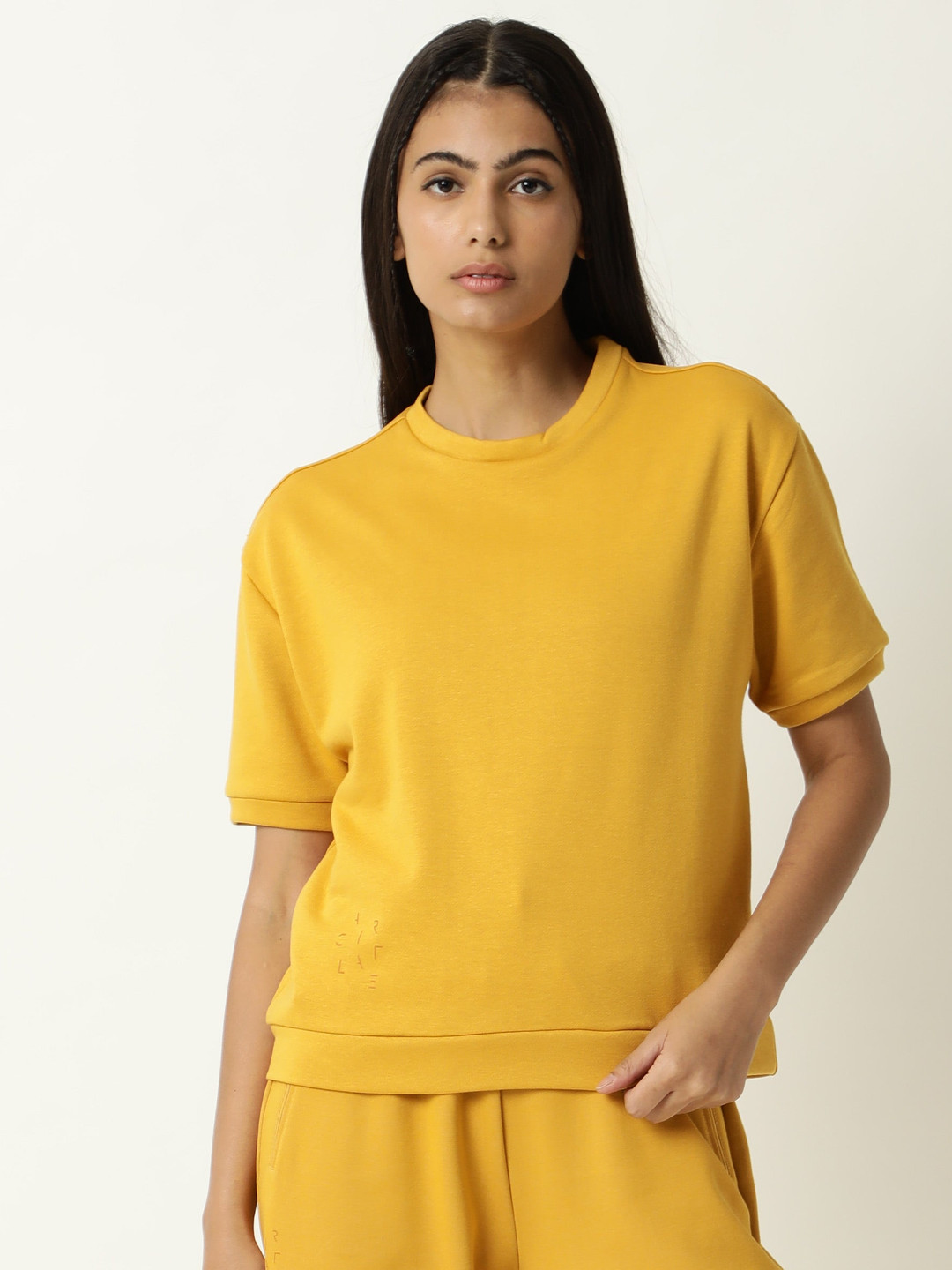 Women's Mustard Graphic Printed Drop-Shoulder Sleeves Boxy T-shirt