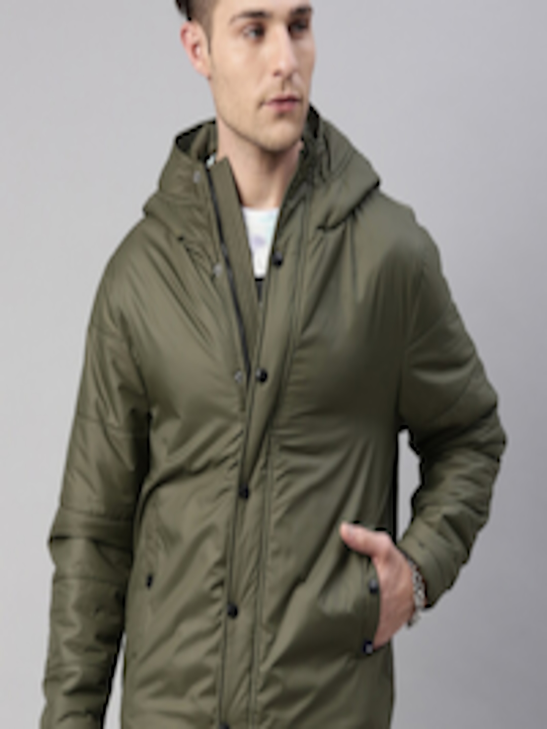 Buy Breakbounce Men Olive Green Padded Jacket With Embroidered ...