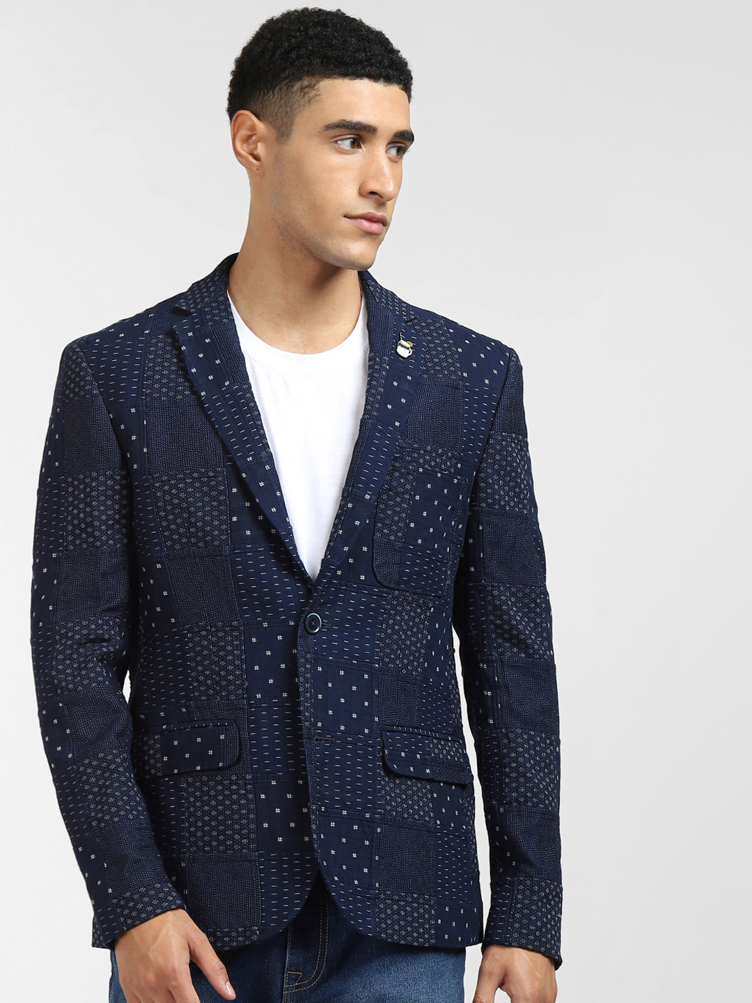 Buy Jack & Jones Men Navy Blue Printed Patchwork Single Breasted Blazer