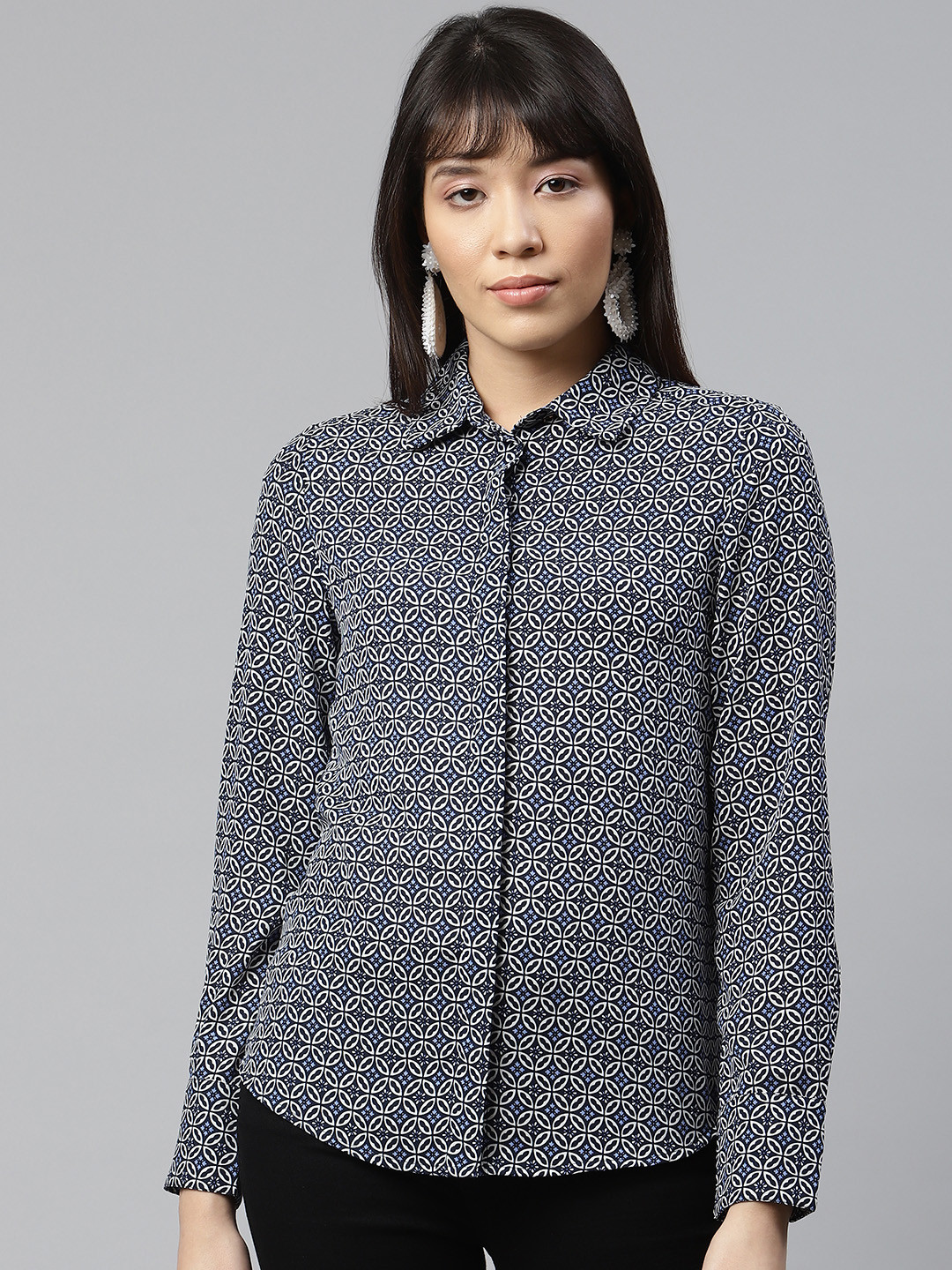 Buy Marks & Spencer Women Navy Blue & Off White Printed Casual Shirt