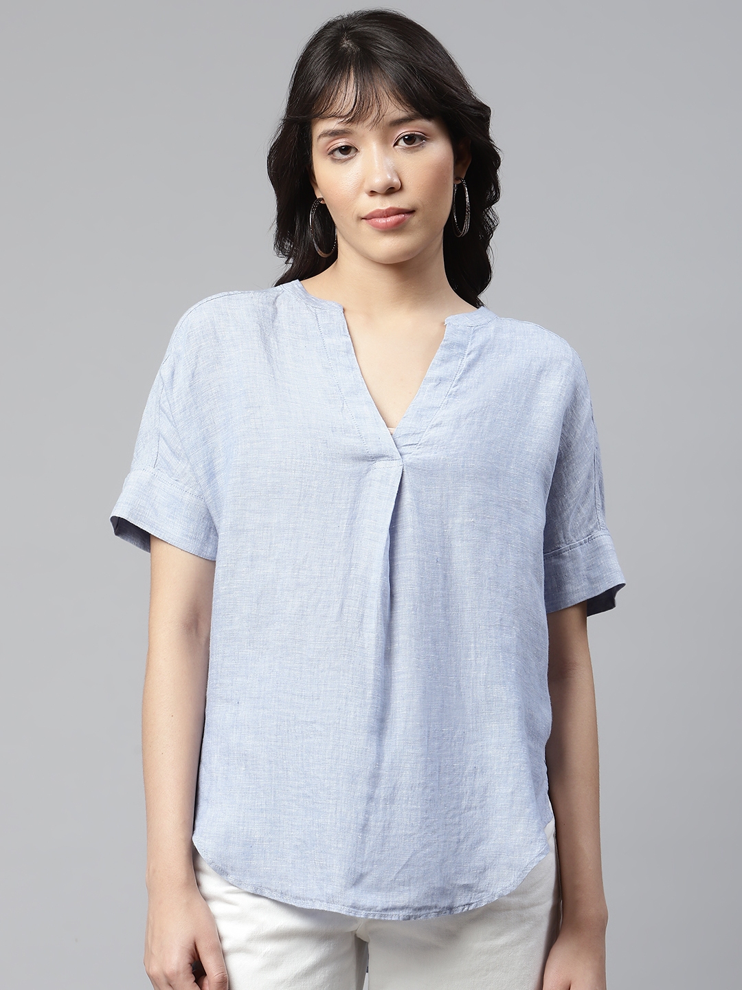 Buy Marks & Spencer Blue Easy To Iron Pure Linen High Low Top - Tops ...
