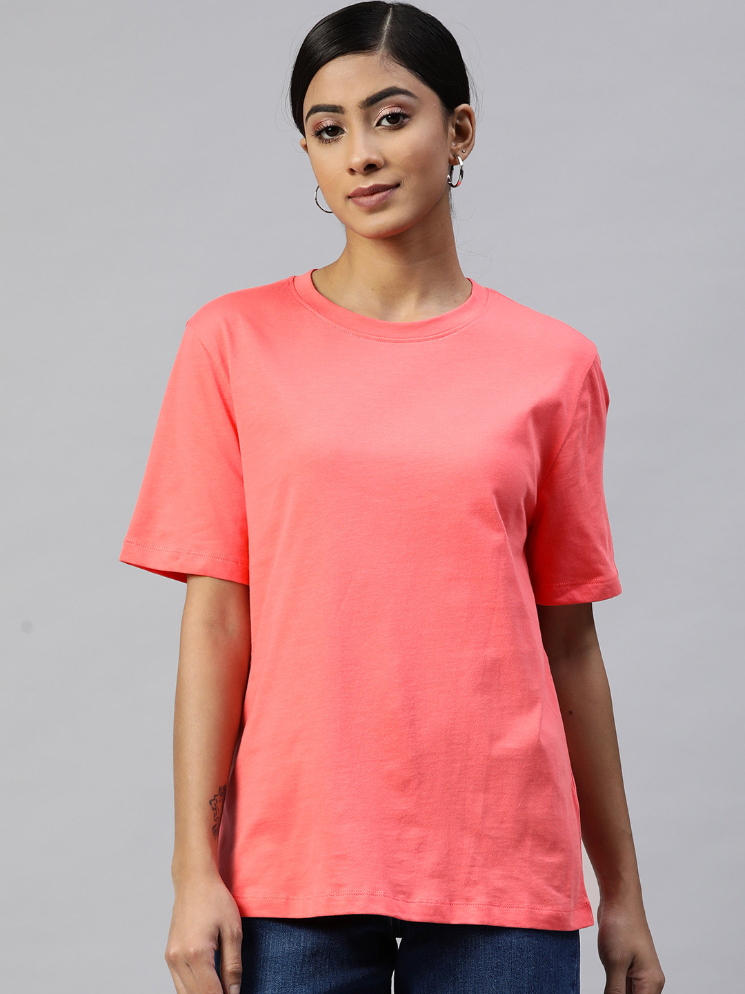 Buy Marks & Spencer Women Coral Pink Pure Cotton Solid Straight Fit T