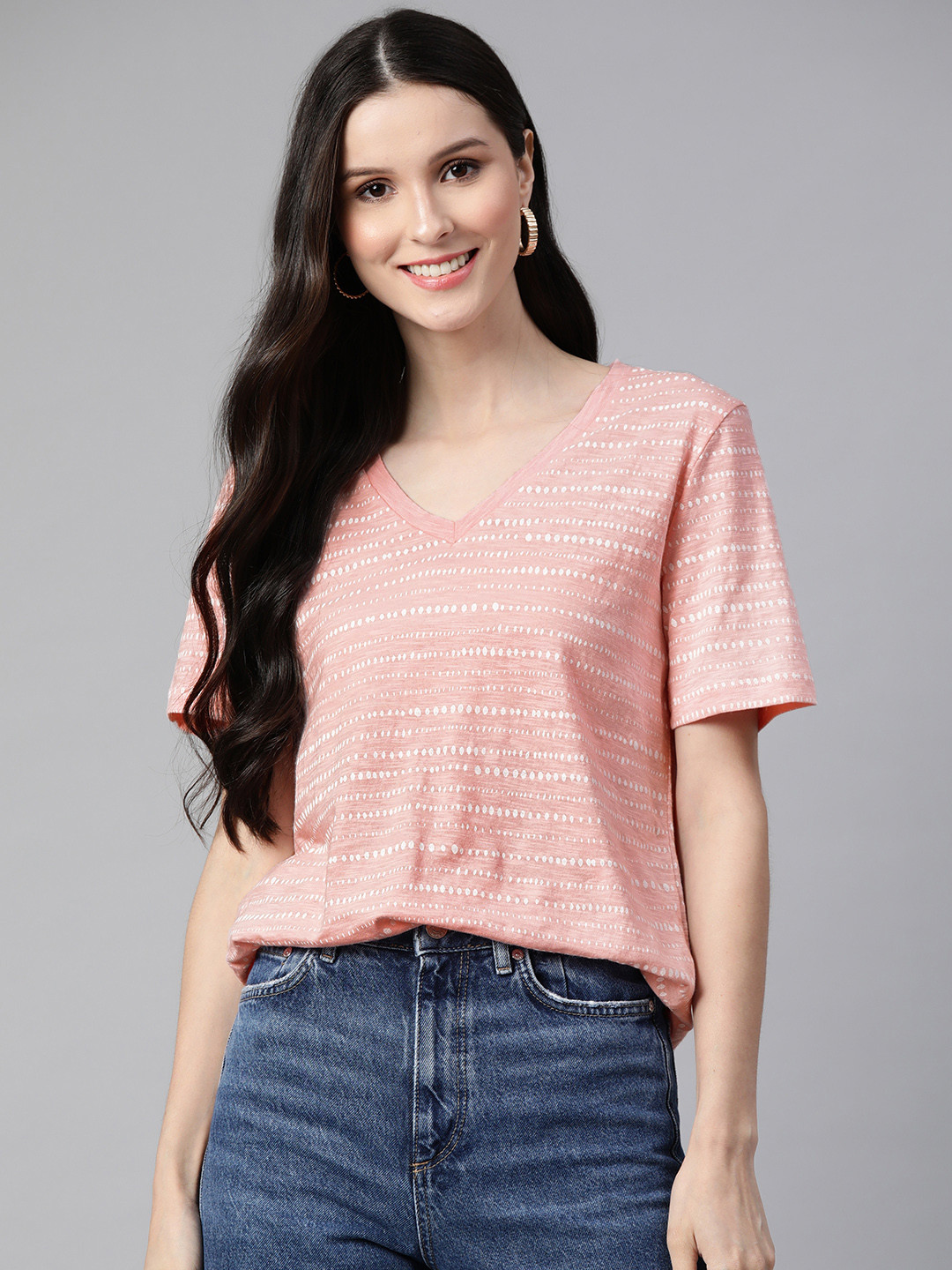 Buy Marks & Spencer Women Pink & Off White Striped V Neck Pure Cotton T