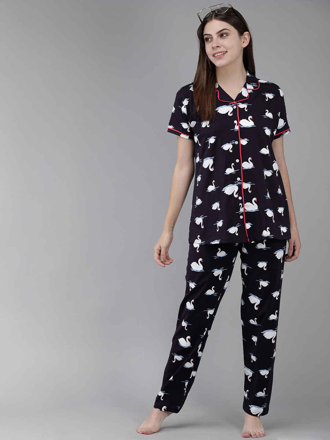 Women Yellow Zig-Zag Printed Night Suit