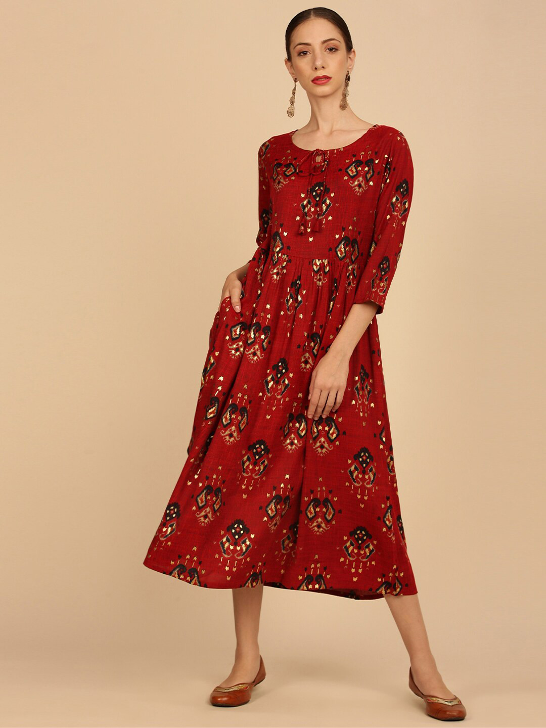 Buy Soch Maroon Floral Ethnic A Line Midi Dress Ethnic Dresses for