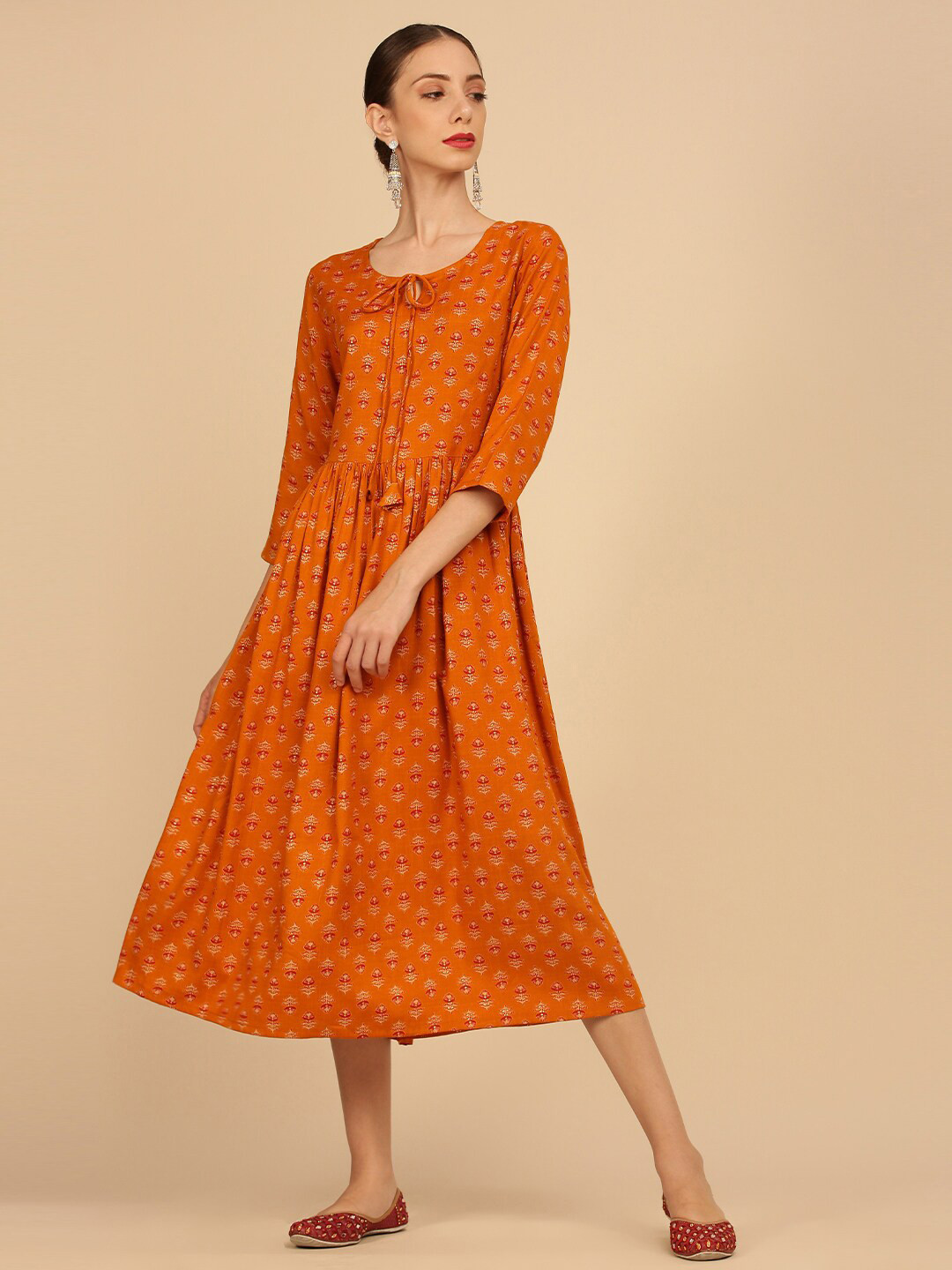 Buy Soch Mustard Yellow Ethnic Motifs Ethnic A Line Midi Dress Ethnic Dresses for Women