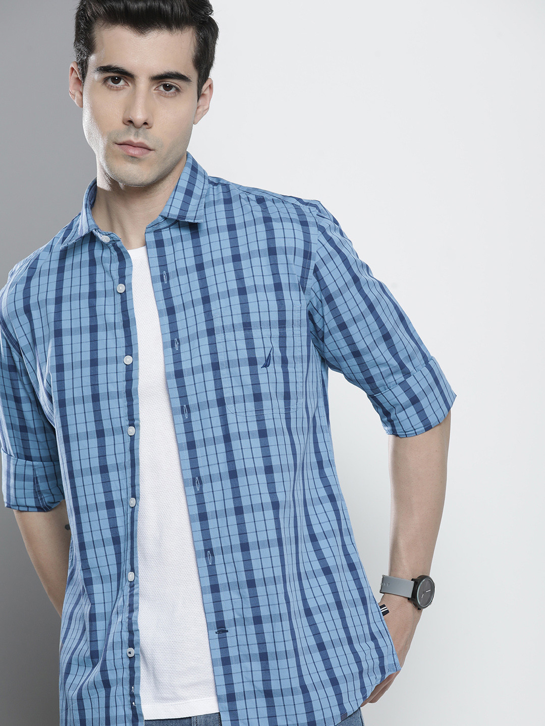 Buy Nautica Men Light Blue And Grey Slim Fit Micro Checked Pure Cotton ...