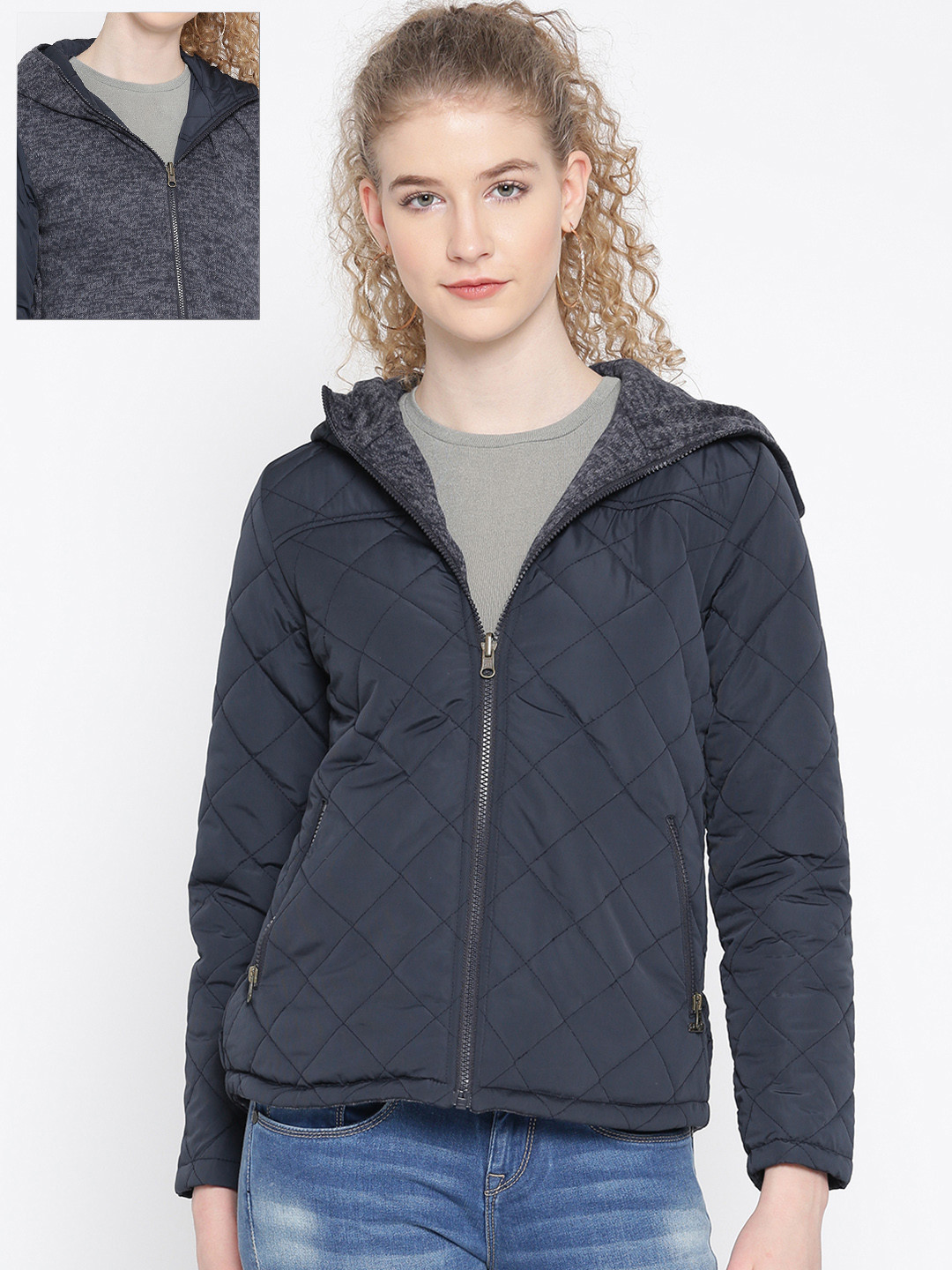Buy Roadster Women Navy Blue Solid Reversible Hooded Quilted Jacket