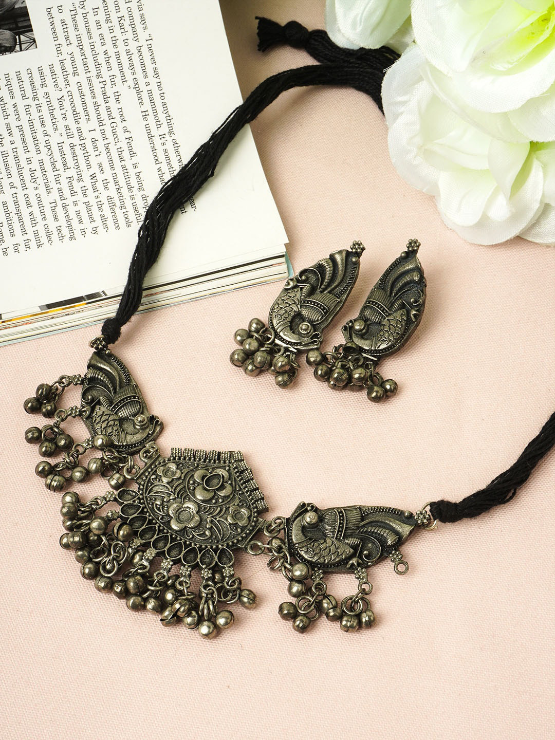 Buy Urmika Silver Toned Stone Studded & Beaded Jewellery Set