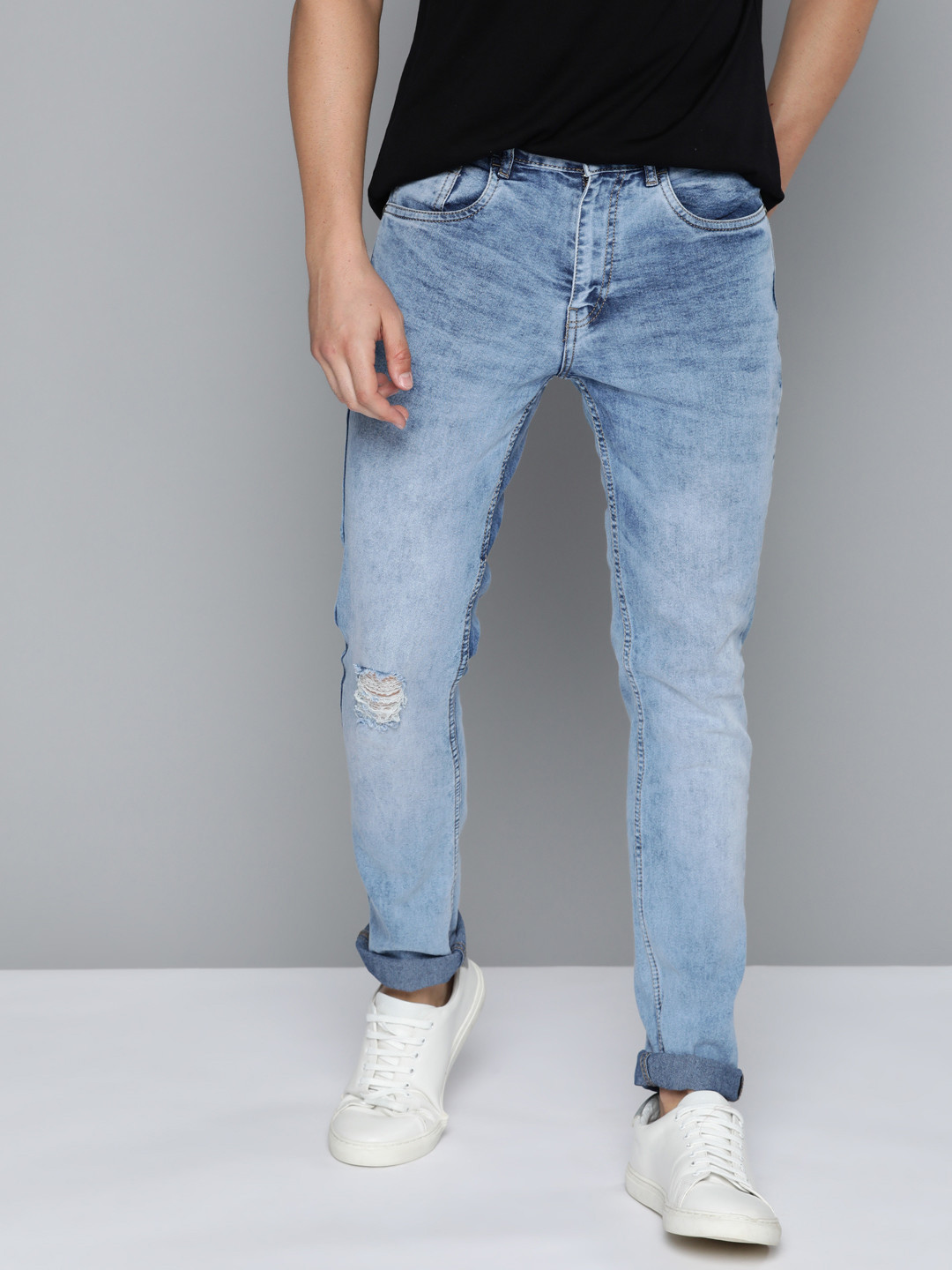 Men's Navy Blue Comfort Straight Fit Mid-Rise Light Fade Acid Wash Cotton Jeans