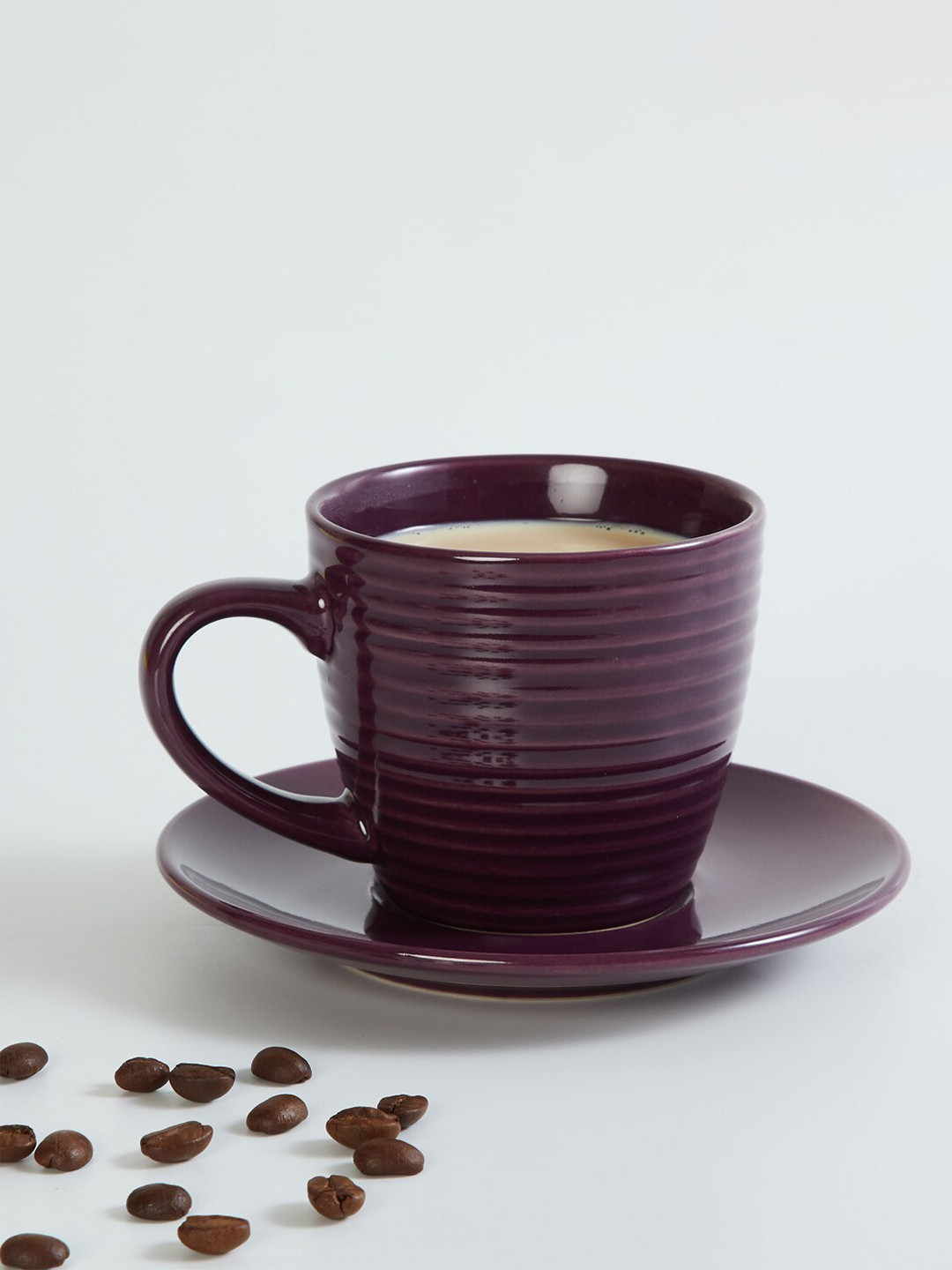 Buy Home Centre Purple Solid Stoneware Matte Cups And Saucers Set Of