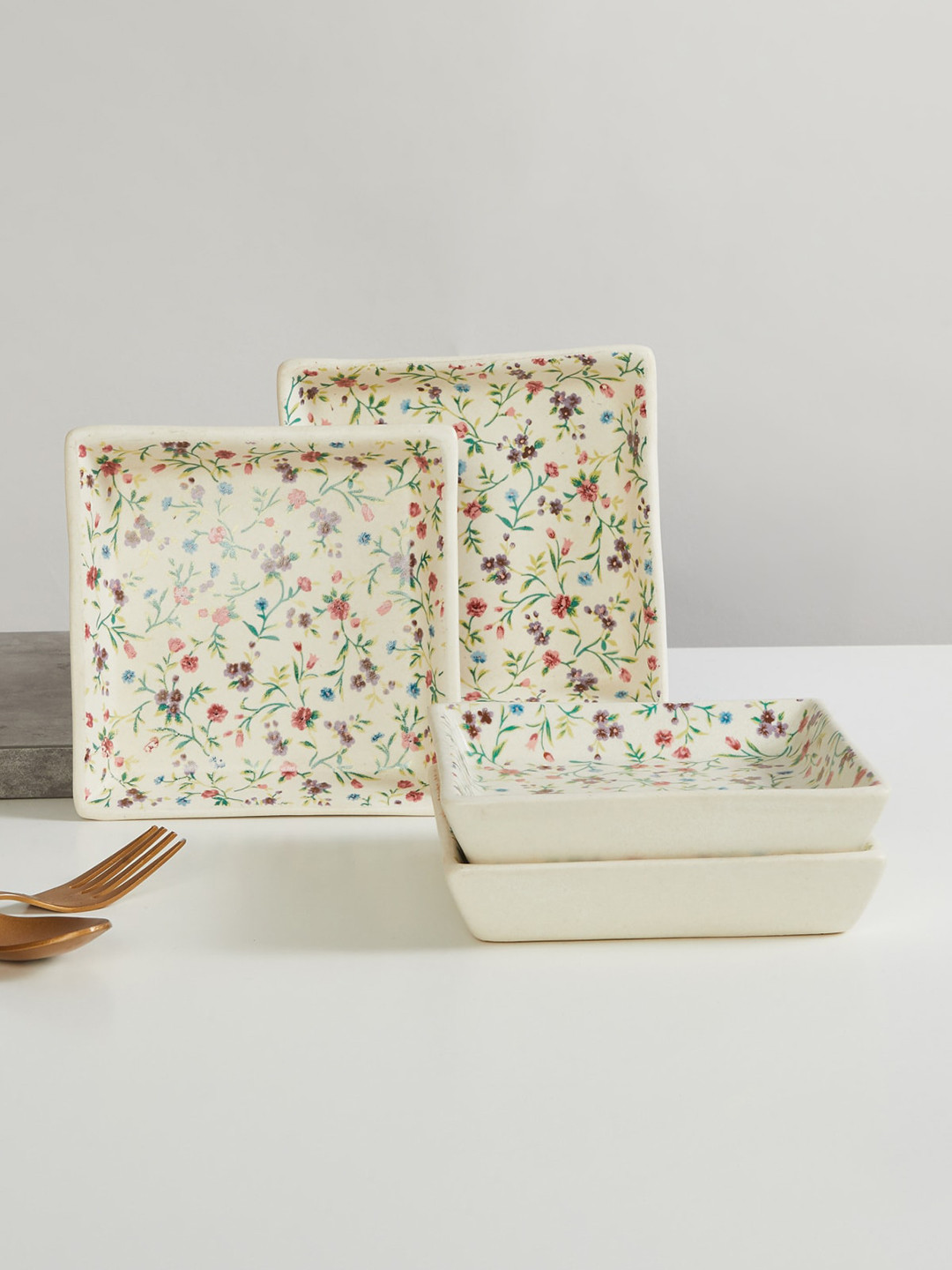 Buy Home Centre White Floral Set Of 4 Serveware Serveware for Unisex