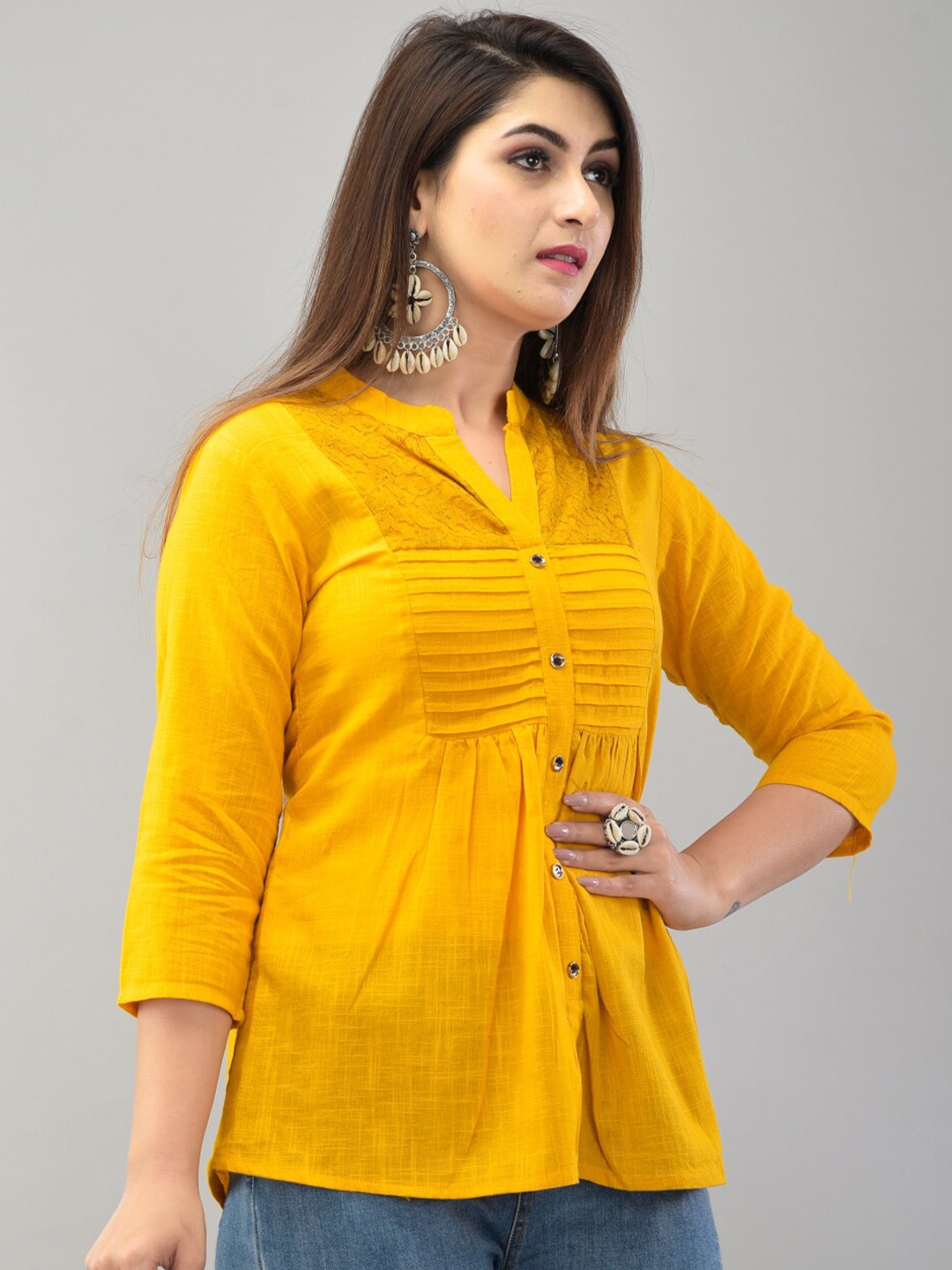 Buy IQRAAR Mustard Yellow Mandarin Collar Lace Inserted Pure Cotton