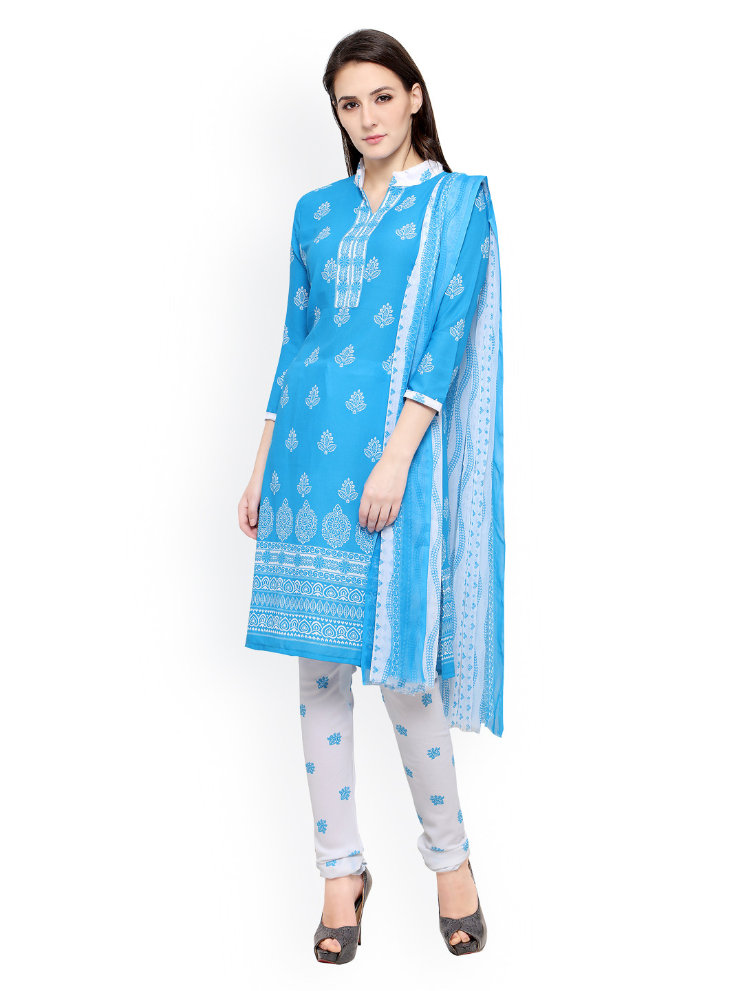 Buy Ishin Blue & White Printed French Crepe Unstitched Dress Material Dress Material for Women