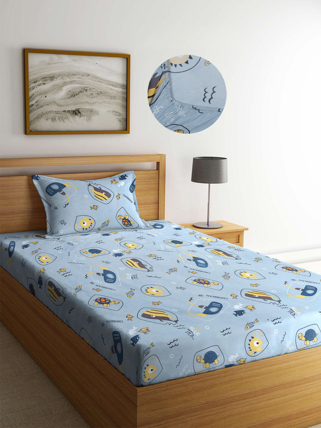Buy KLOTTHE Kids Multi Cartoon Characters 300 TC Fitted Single Bed Sheet With Pillow Cover