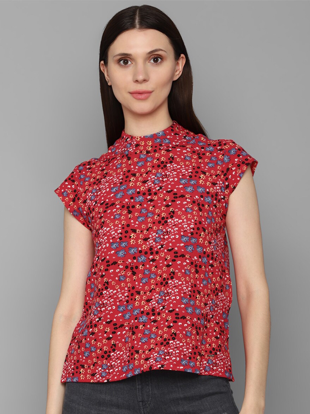 Buy Allen Solly Woman Red Floral Print Mandarin Collar Top - Tops for ...