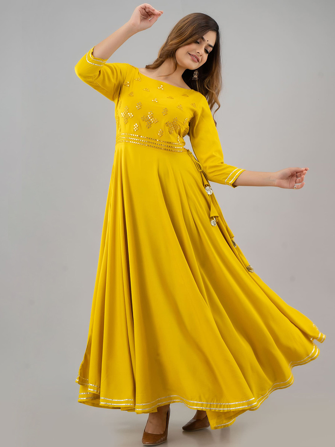 Buy KIMAYRA Women Mustard Yellow Embellished Flared Sleeves Anarkali Kurta Kurtas for Women