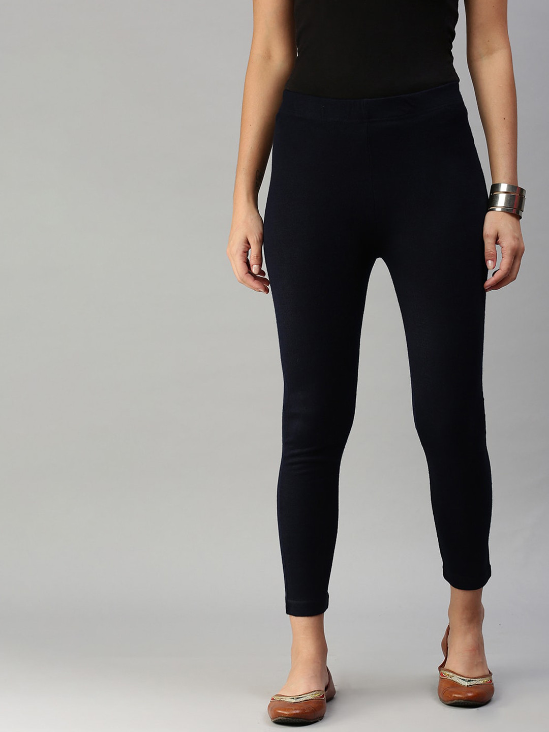 Buy De Moza Women Navy Blue Solid Ankle Length Pure Cotton Leggings